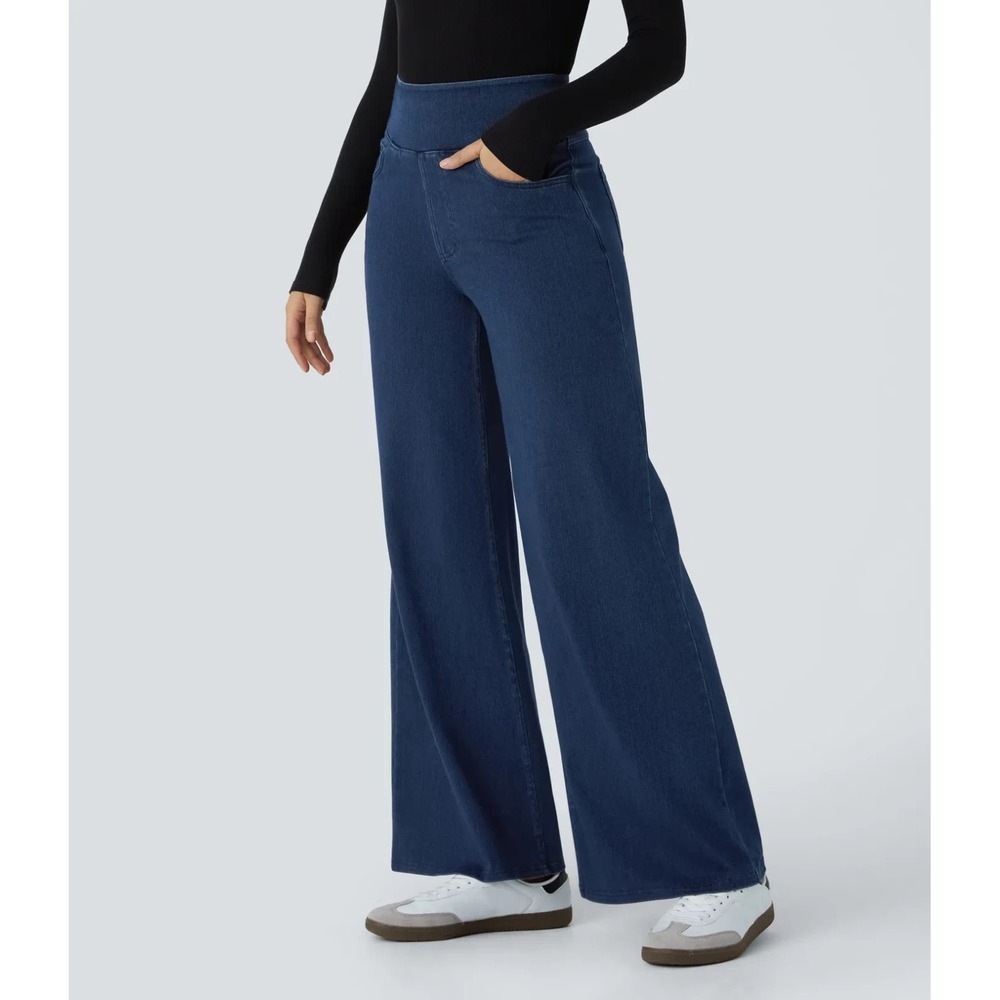 Halara Flex High Waisted Pockets Wide Leg Loose Work Jeans Midnight Blue XL Reg